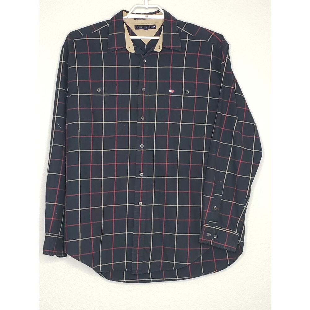 Tommy Hilfiger Button Down Shirt Mens Size XL Black Check Long Sleeve Collared